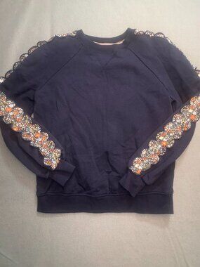 Boden Women's 4 Sweatshirt Navy Scalloped Floral Trim Crewneck Pullover GUC